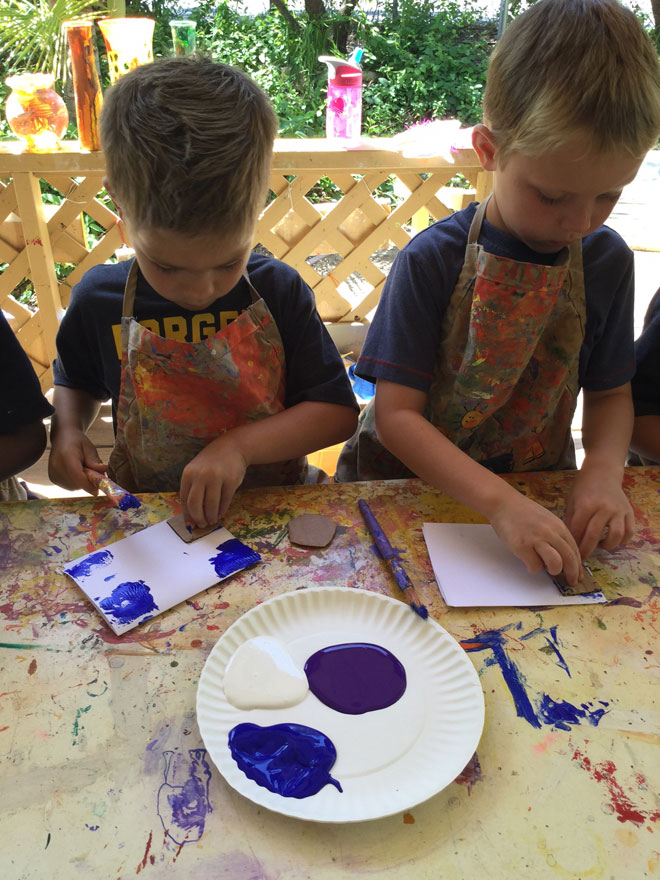 Carmel Mountain Printmaking with Recycled Cardboard paint create lesson shapes design color print