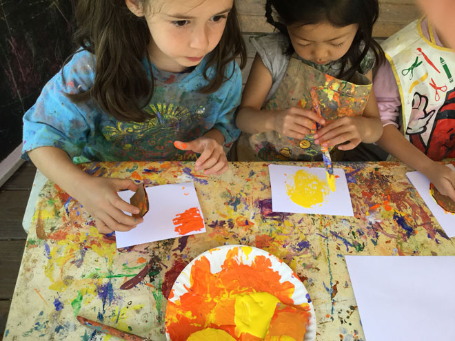 Carmel Mountain Printmaking with Recycled Cardboard paint create lesson shapes design color
