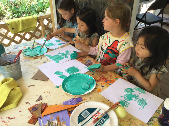 Carmel Mountain Printmaking with Recycled Cardboard paint create lesson shapes design color
