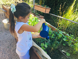 girl watering plant at our childcare center
