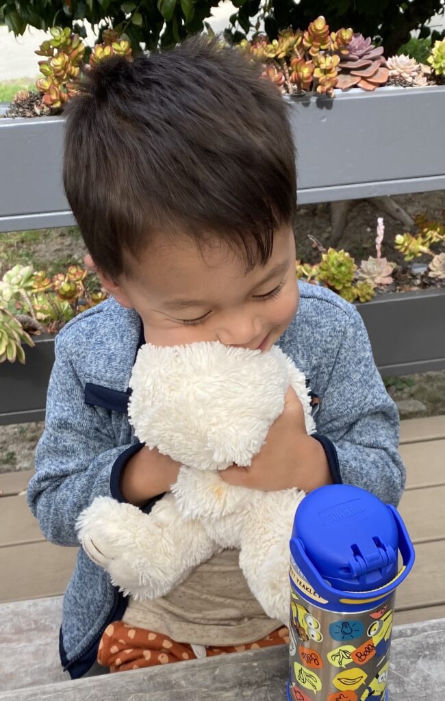boy hugging a stuffed animal