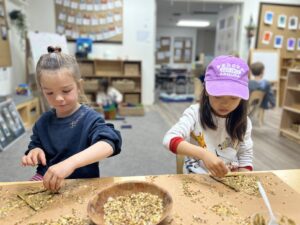 preschool girls crafting bird feeders