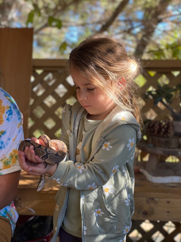 young girl holding snake at preschool